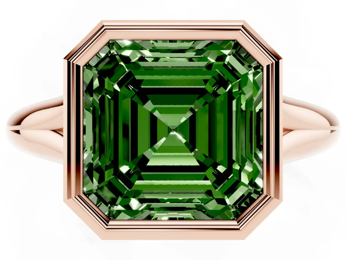 Fancy Green Bezel Set Asscher Cut Solitaire Diamond Ring with Smooth Band Rose gold