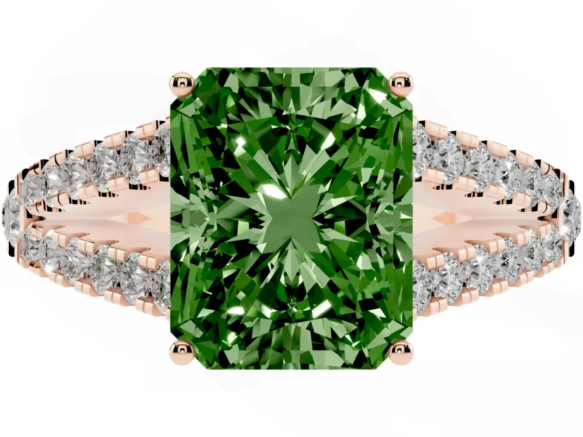 Fancy Green Radiant Cut Diamond Split Shank Pavé Engagement Ring with Four-Prong Setting Rose gold