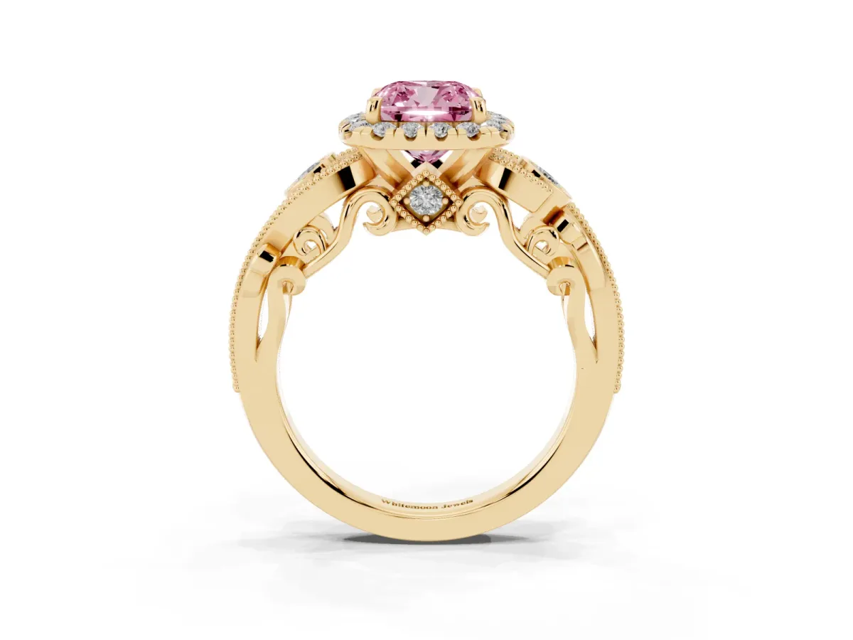 Fancy Pink Cushion Cut Halo Diamond Ring with Milgrain and Bezel Accents on a Split Shank Band Yellow gold