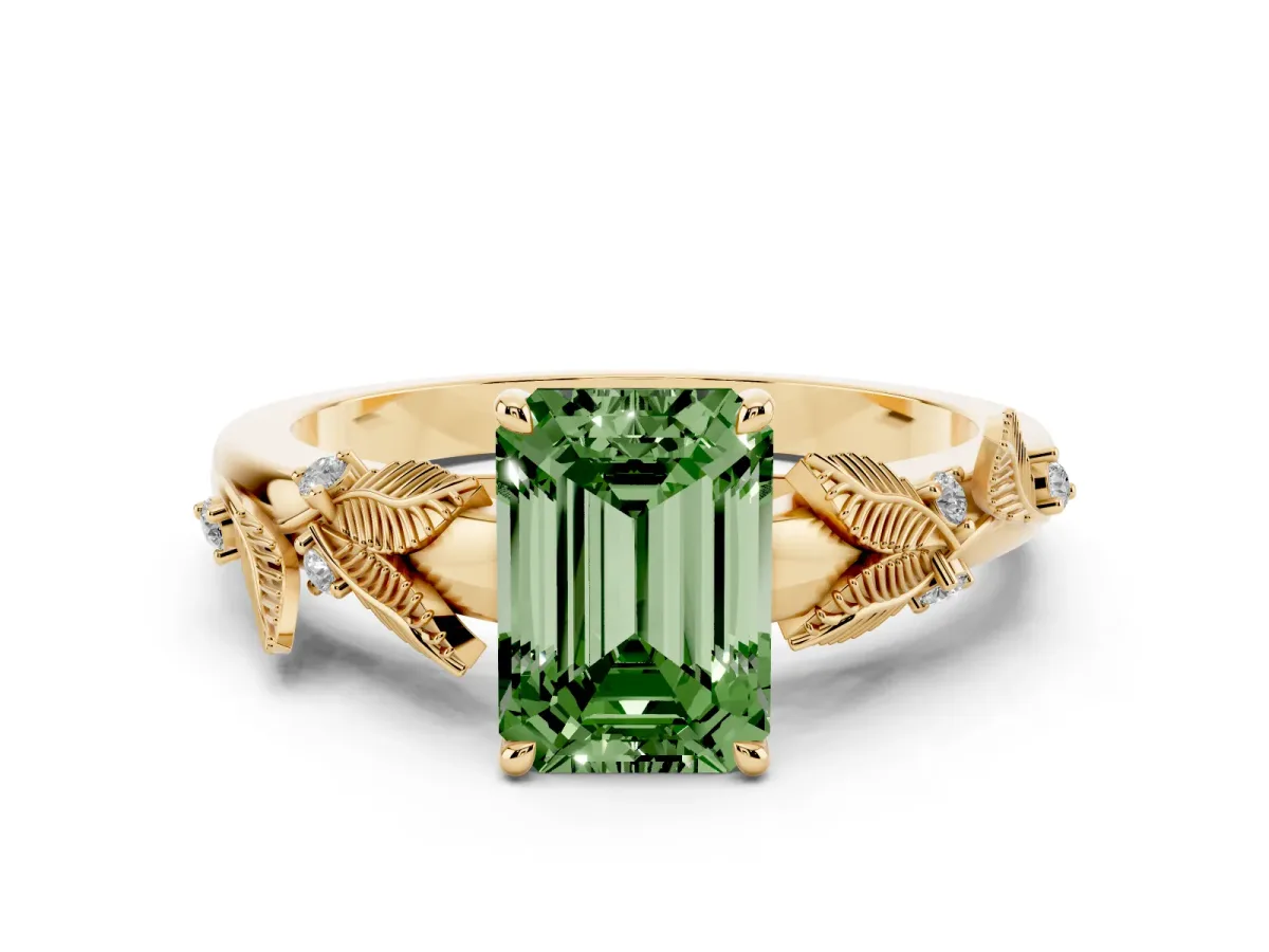 Fancy Green Emerald Cut Diamond Solitaire Ring with Leaf Motif Band and Four-Prong Setting Yellow gold