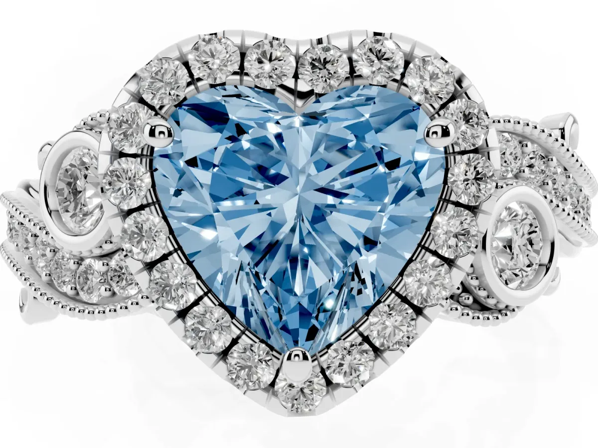 Fancy Blue Heart Cut Diamond Halo Ring with Milgrain Pavé Band and Four-Prong Setting White gold