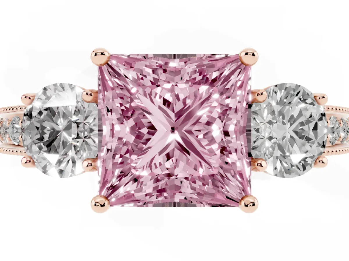 Fancy Pink Princess Cut Three-Stone Diamond Ring with Pavé Band and Four-Prong Setting Rose gold
