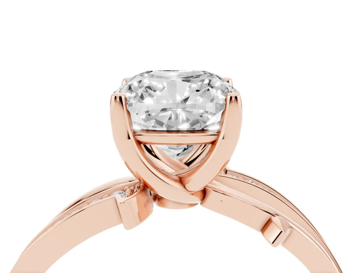 Cushion Cut Solitaire Twist Band with Pavé Accents and Four-Prong Setting Rose gold