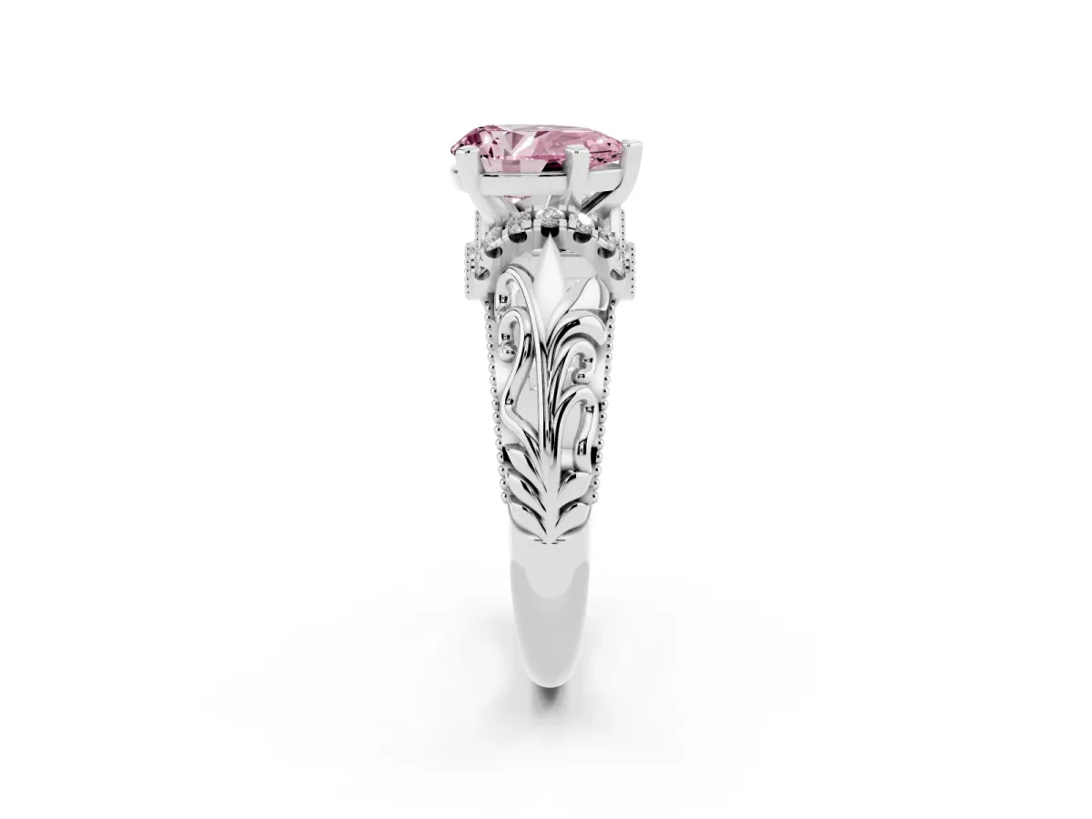 Fancy Pink Pear Cut Solitaire Filigree Engagement Ring with Halo and Prong Setting Silver