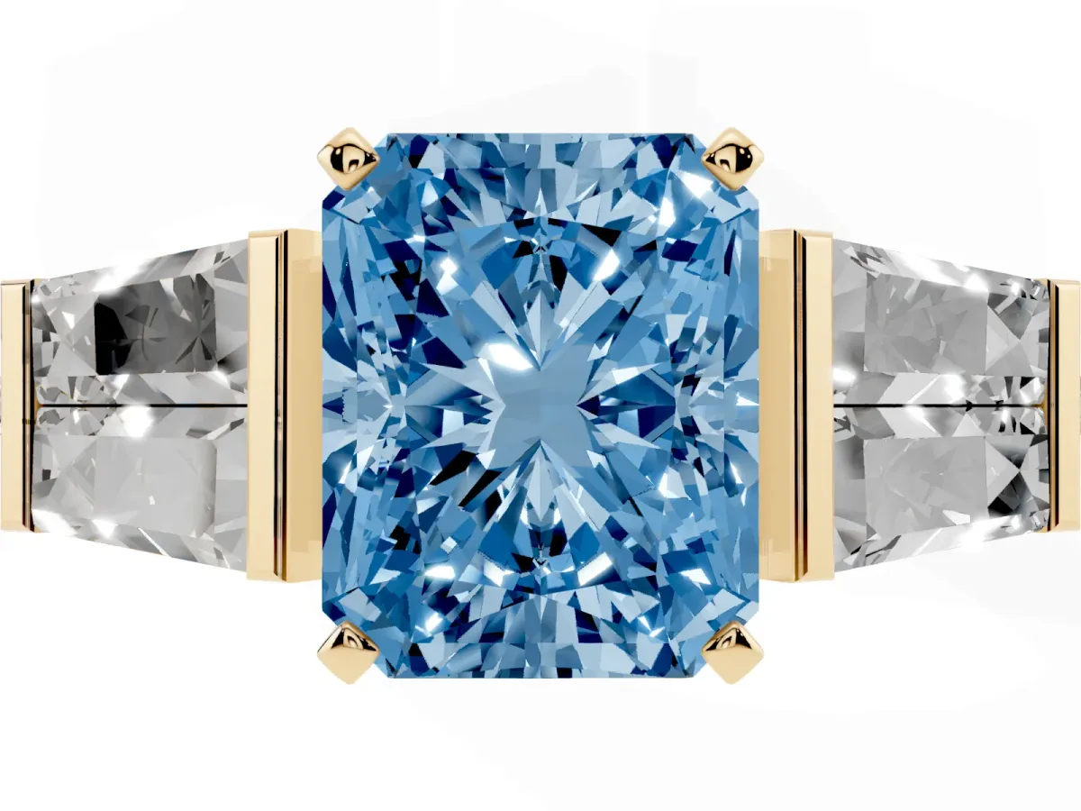 Fancy Blue Radiant Cut Diamond Engagement Ring with Baguette Side Stones and Channel Set Band Yellow gold