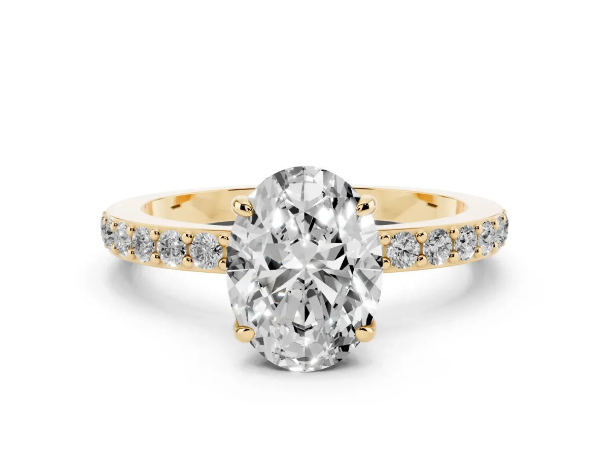 Oval Cut Diamond Pavé Engagement Ring with Round Accents and Prong Setting Yellow gold