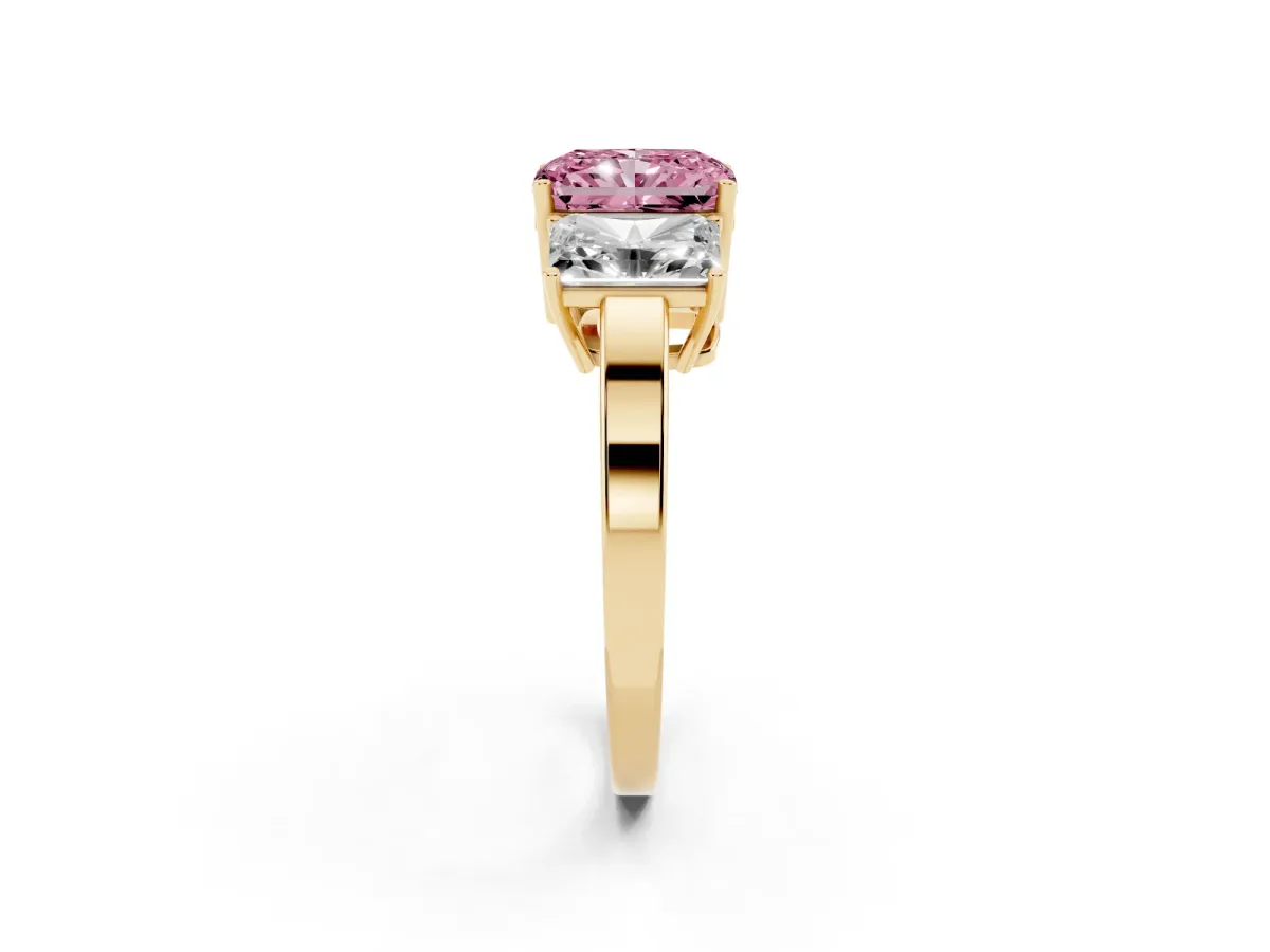 Fancy Pink Three-Stone Radiant Cut Cut Diamond Engagement Ring with Flat Band and Four-Prong Setting Yellow gold