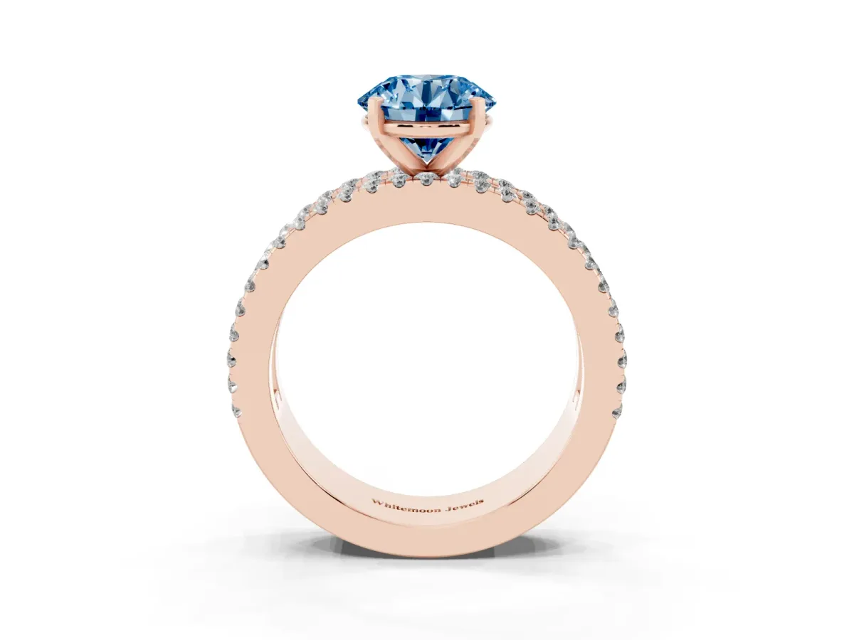 Fancy Blue Round Cut Diamond Solitaire Ring with Pavé and Channel Set Band Rose gold