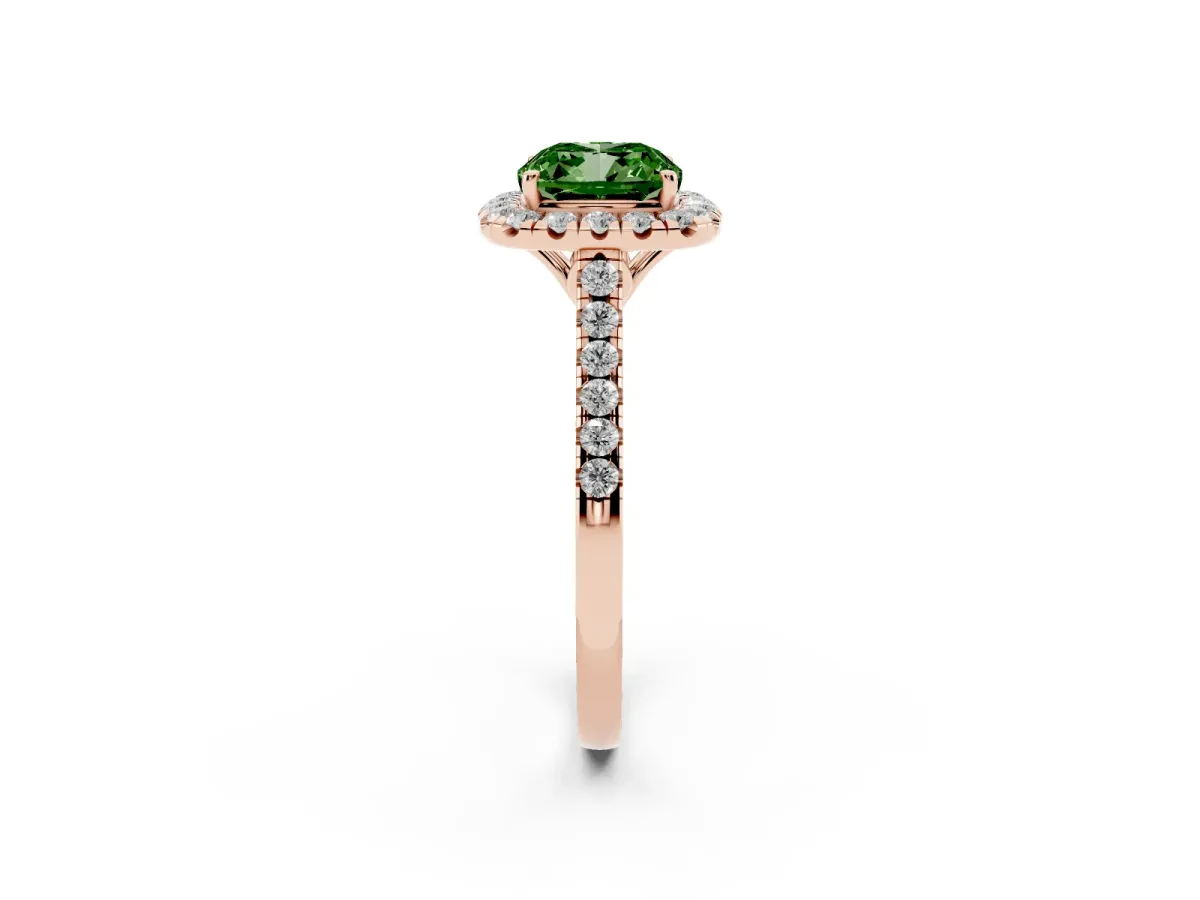 Fancy Green Cushion Cut Halo Pavé Diamond Engagement Ring with Four-Prong Setting Rose gold