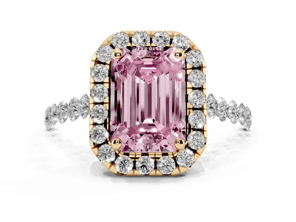 Fancy Pink Emerald Cut Halo Pavé Diamond Engagement Ring with Four-Prong Setting Yellow gold