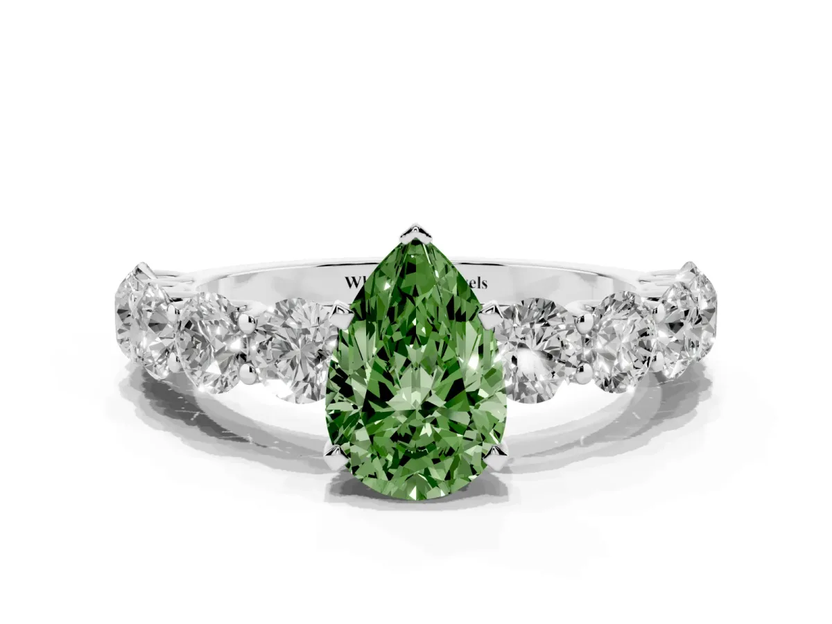 Fancy Green Pear Cut Diamond Prong Setting with Side Stones on a Pave Band Silver