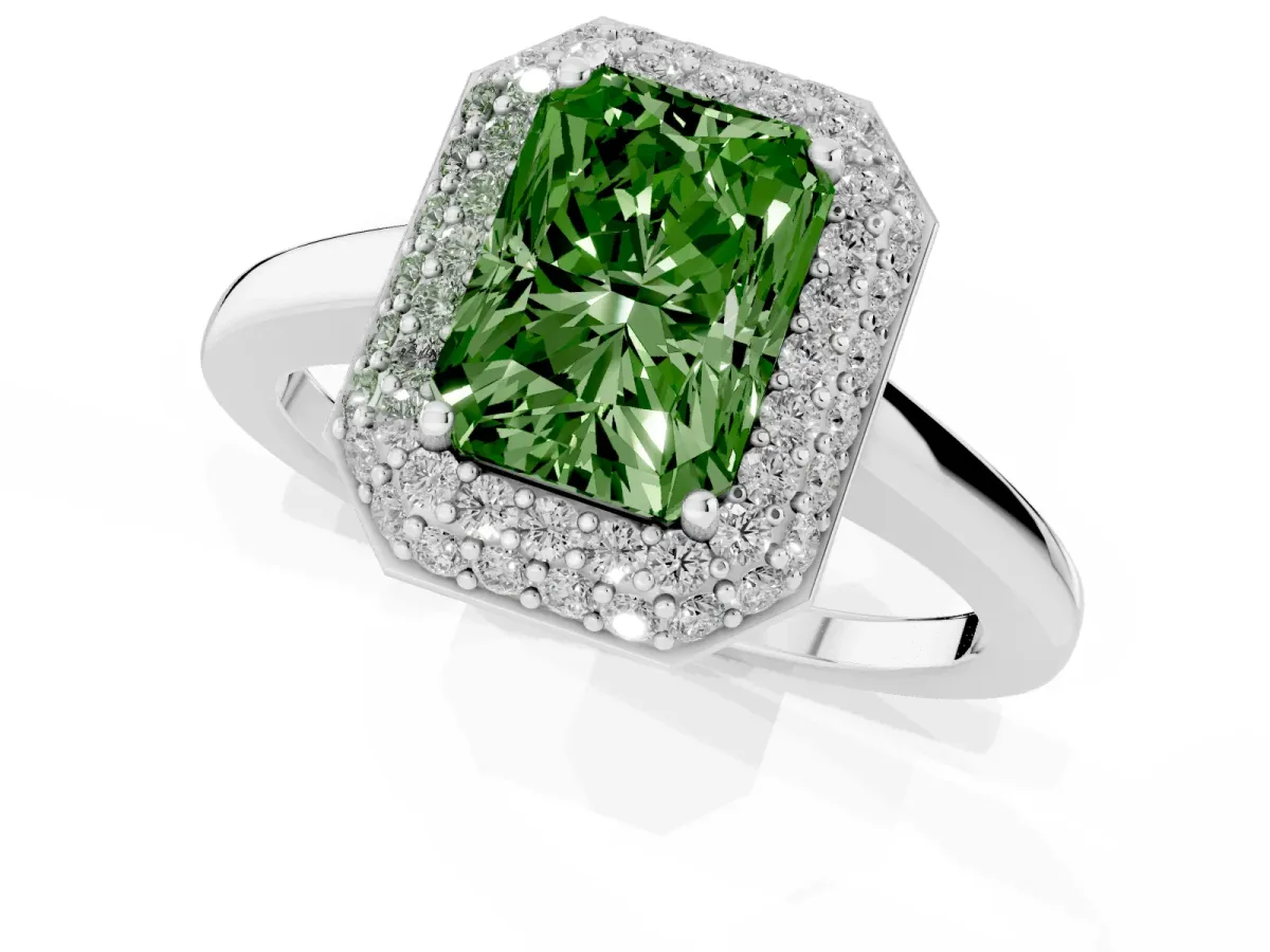 Fancy Green Radiant Cut Halo Diamond Engagement Ring with Solitaire Band and Four-Prong Setting Silver