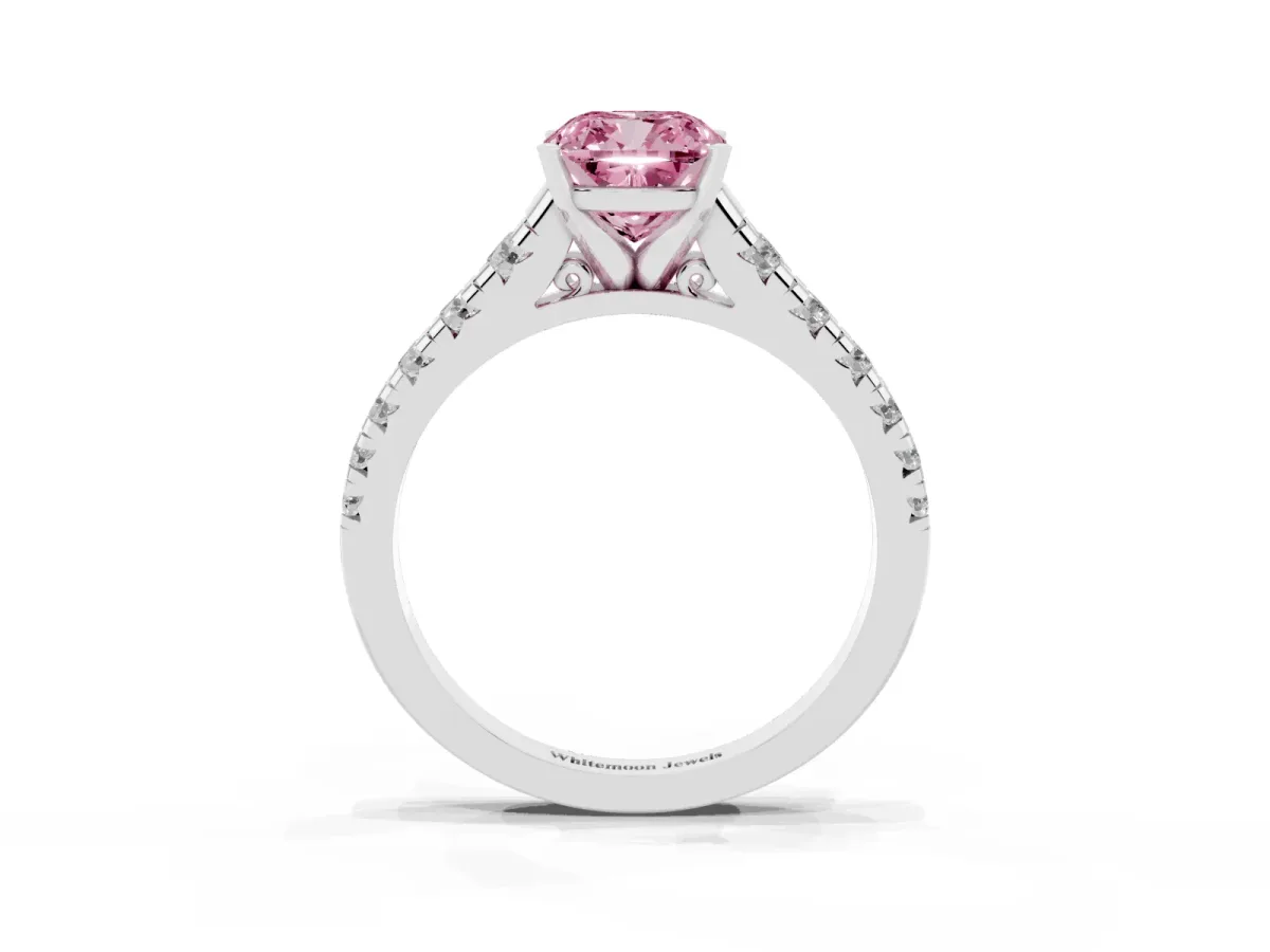 Fancy Pink Cushion Cut Diamond Cathedral Solitaire Ring with Round Pavé Band Silver
