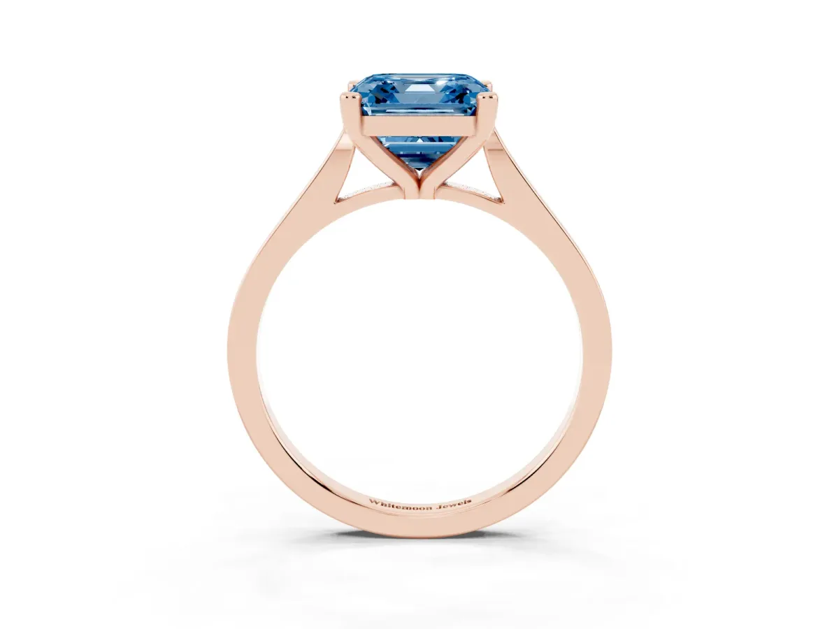 Fancy Blue Asscher Cut Solitaire Diamond Ring with Four-Prong Setting and Tapered Band Rose gold