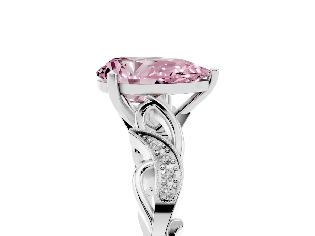Fancy Pink Pear Cut Solitaire Vine Band with Milgrain Prong Setting Silver