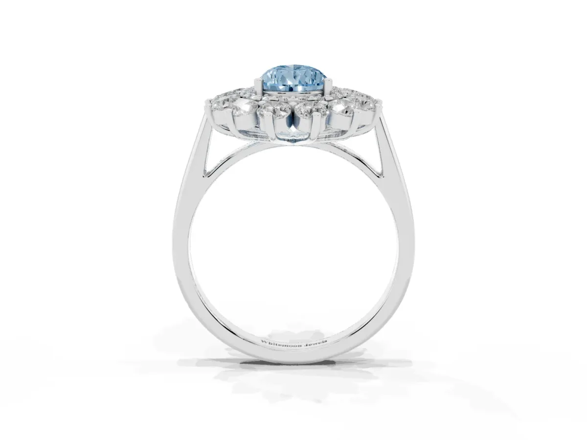 Fancy Blue Pear Cut Diamond Floral Double Halo Engagement Ring with Prong Setting Silver