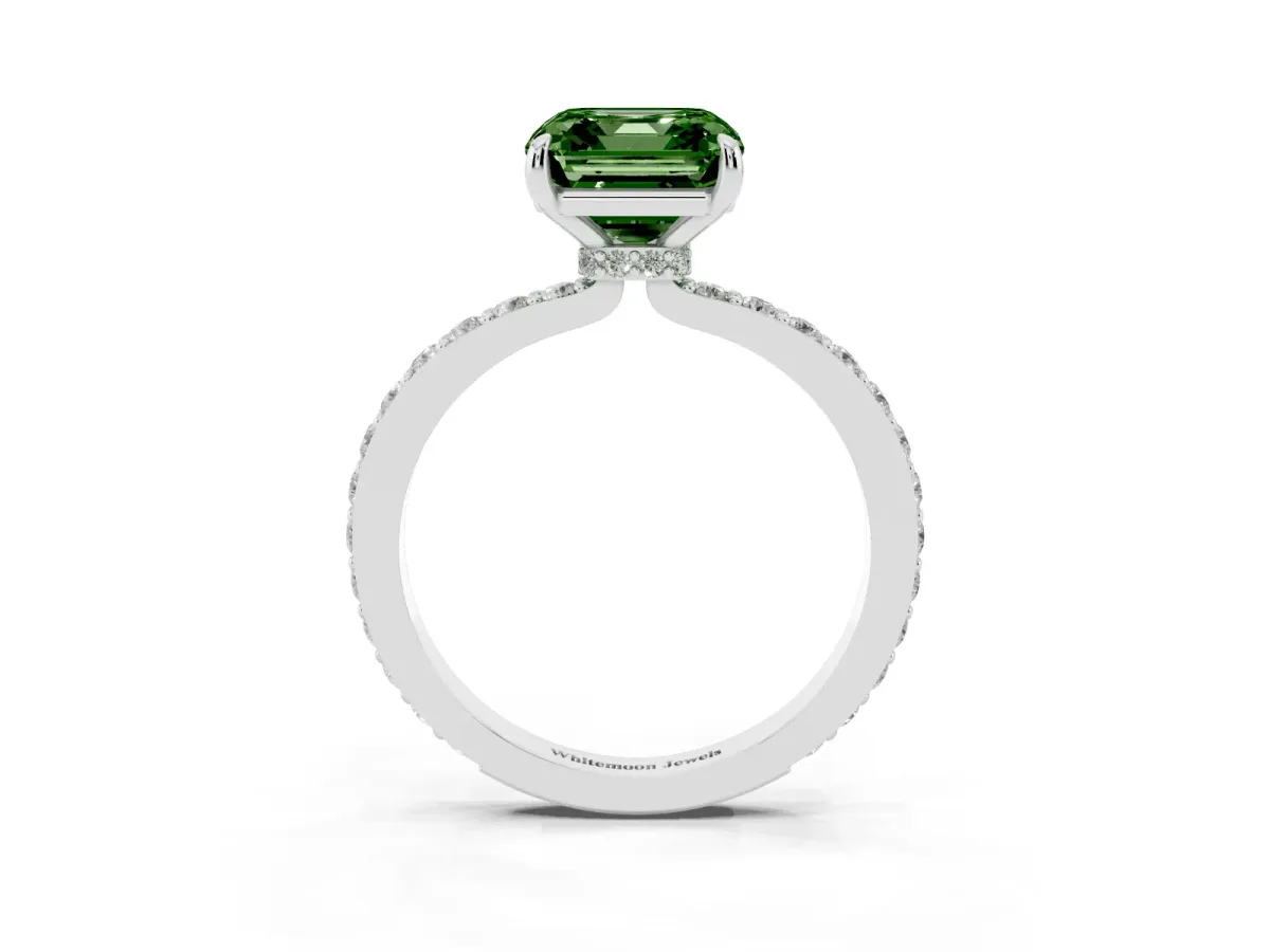 Fancy Green Asscher Cut Diamond Pavé Engagement Ring with Round Accents and Prong Setting Silver