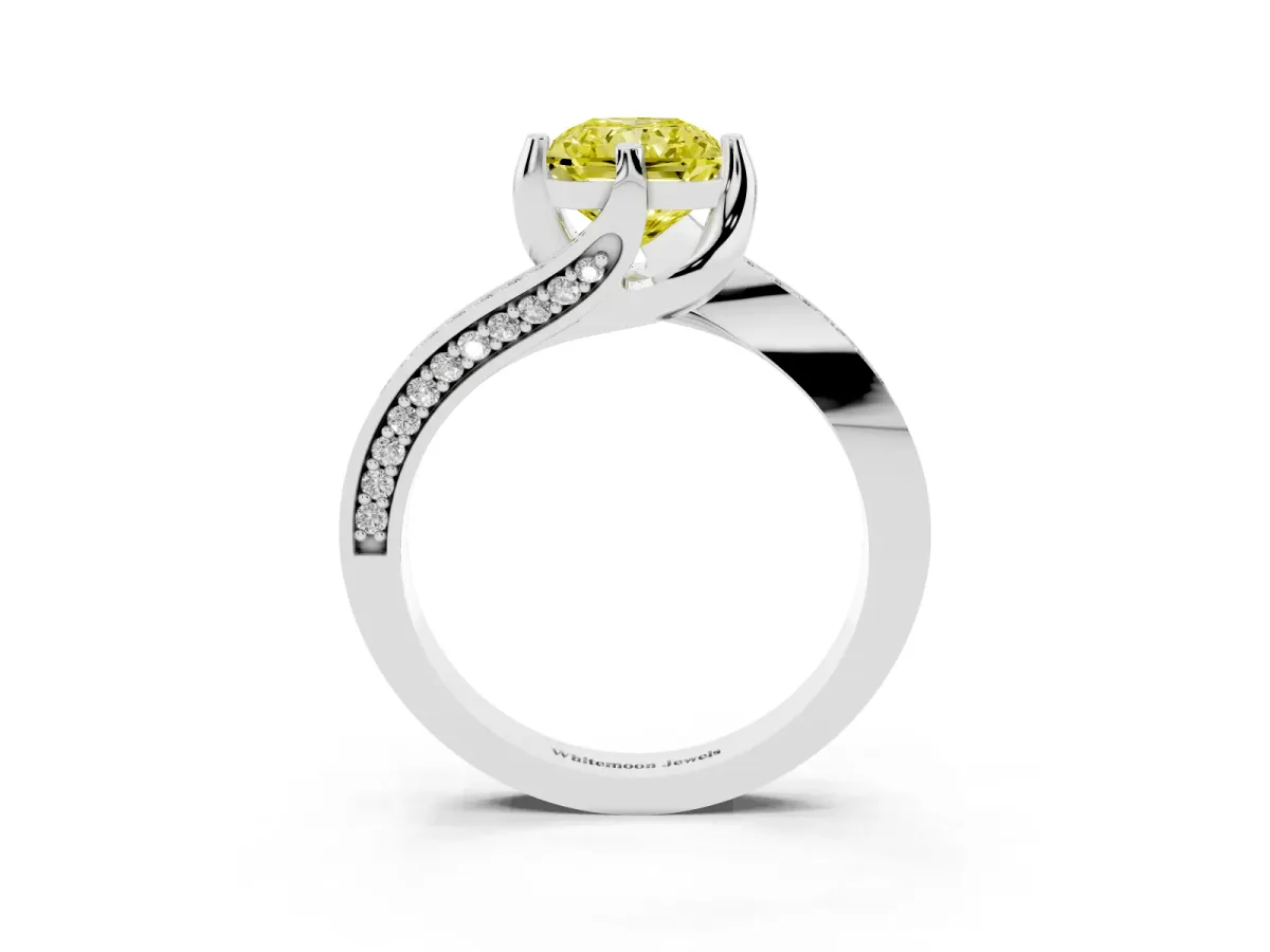 Fancy Yellow Radiant Cut Solitaire Diamond Twist Band with Pavé Setting and Four-Prong Setting Platinum