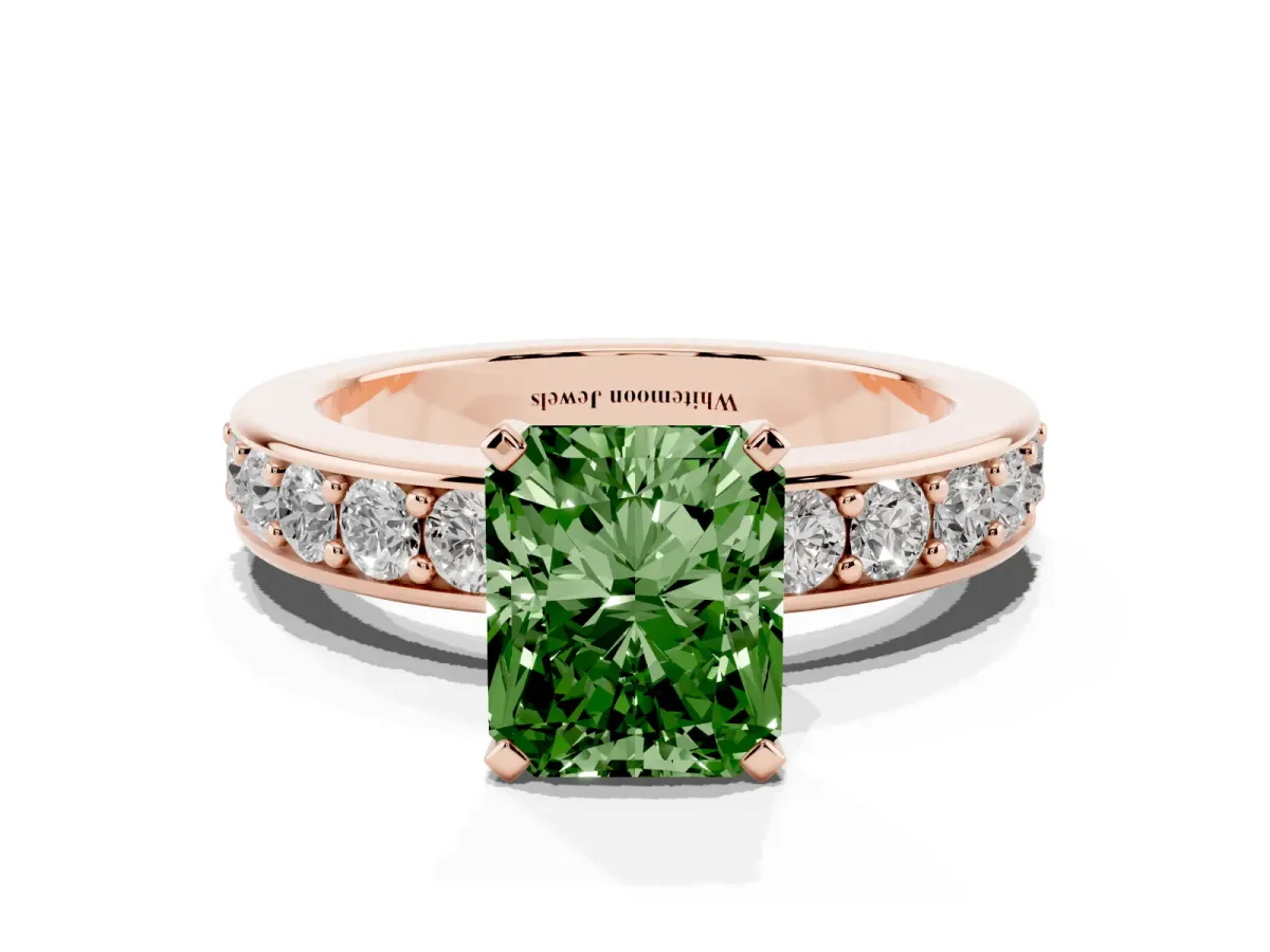 Fancy Green Radiant Cut Diamond Engagement Ring with Channel Set Round Band and Prong Setting Rose gold