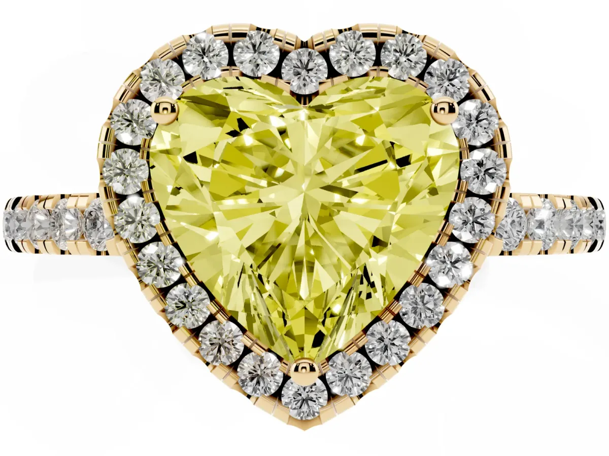 Fancy Yellow Heart Cut Halo Diamond Engagement Ring with Pavé Band and Four-Prong Setting Yellow gold