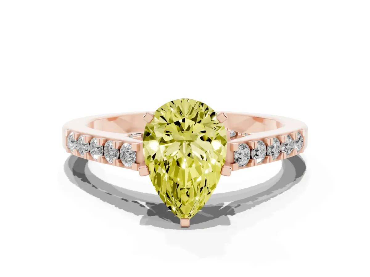 Fancy Yellow Pear Cut Diamond Solitaire Ring with Crossover Gallery and Round Pavé Band Rose gold
