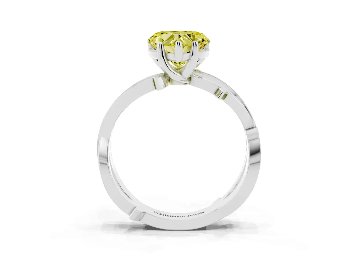 Fancy Yellow Heart Cut Solitaire Twist Band with Pavé Accents and Four-Prong Setting Silver