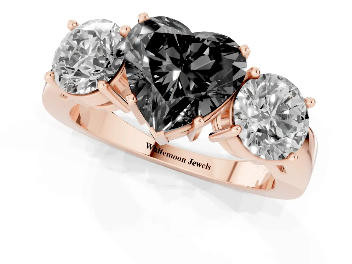Fancy Black Three-Stone Heart Cut Diamond Ring with Round Side Stones, Classic Band, and Four-Prong Setting Rose gold