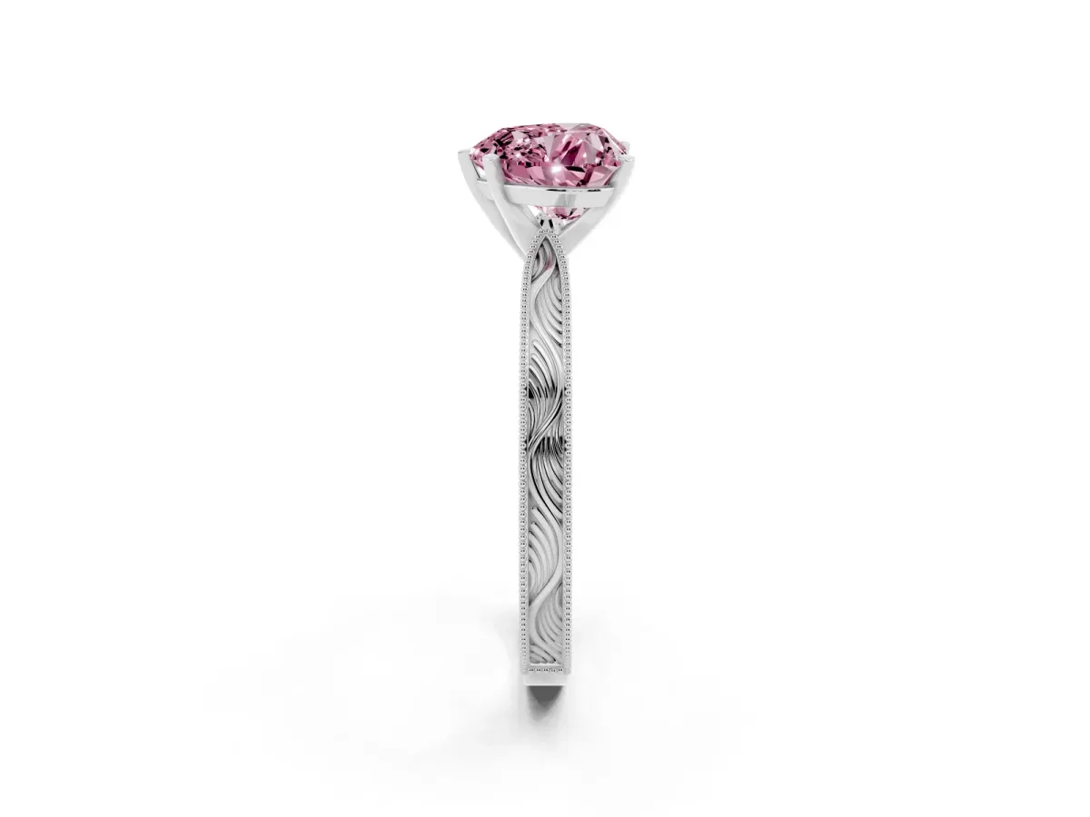 Fancy Pink Heart Cut Solitaire Milgrain Engraved Band with Four-Prong Setting Silver
