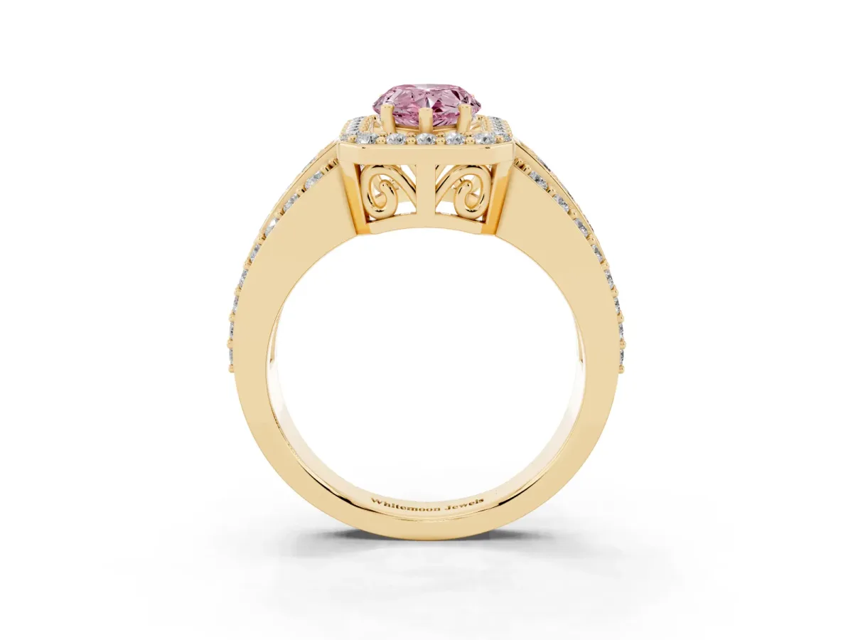 Fancy Pink Pear Cut Halo Diamond Ring with Round Split Shank and Prong Setting Yellow gold