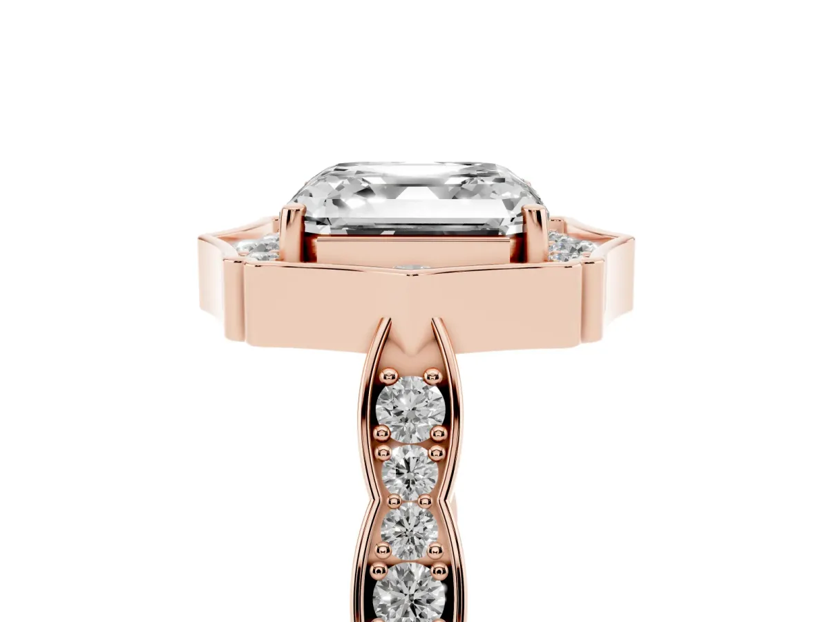 Asscher Cut Halo Diamond Engagement Ring with Milgrain Band and Four-Prong Setting Rose gold