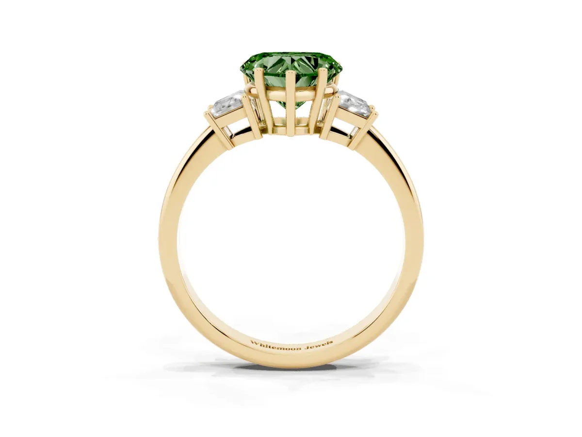 Fancy Green Heart Cut Diamond Three-Stone Ring with Trapezoid Side Stones and Prong Setting Yellow gold