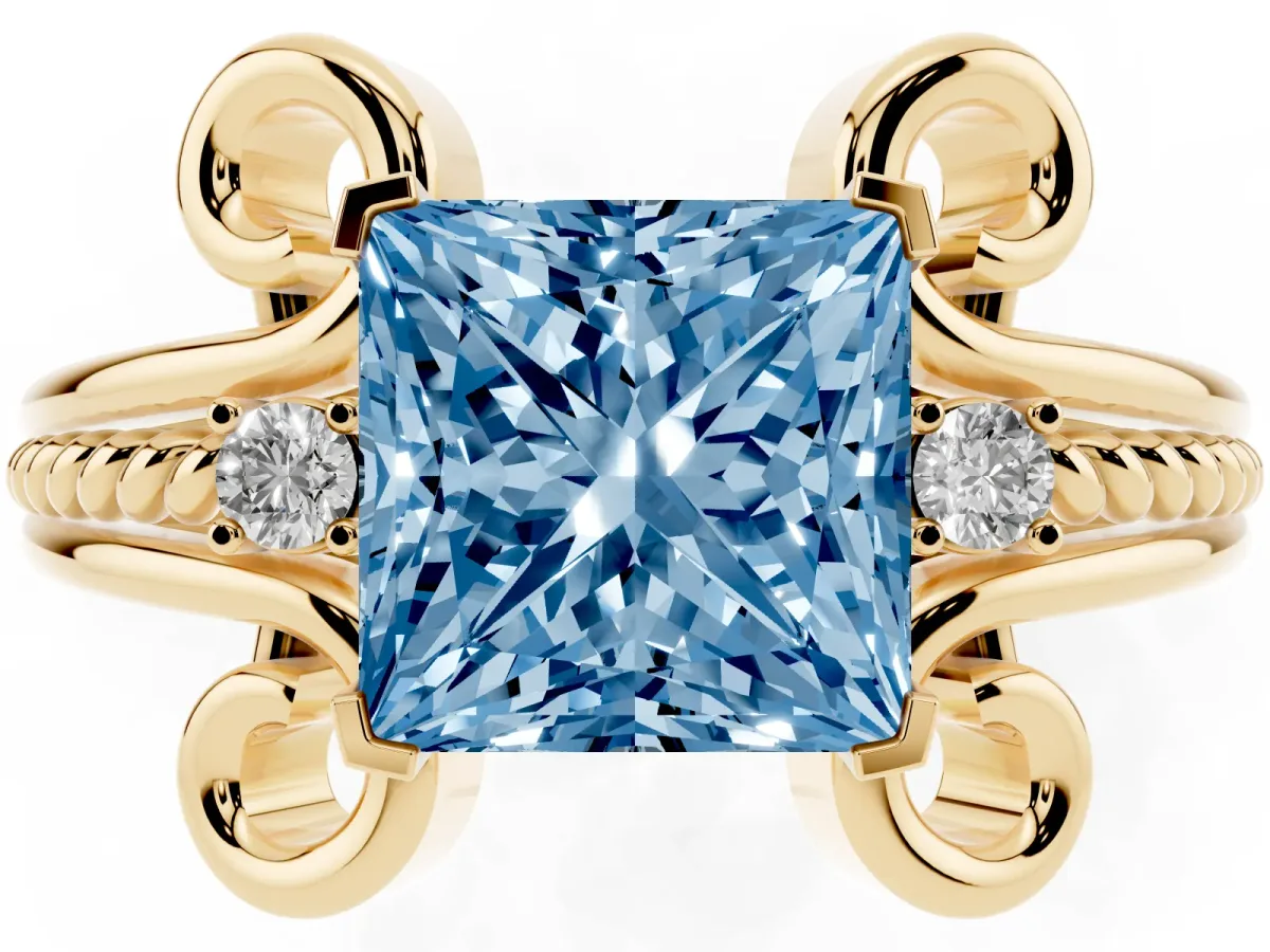 Fancy Blue Princess Cut Solitaire Twisted Band Scroll Prong Ring Yellow gold