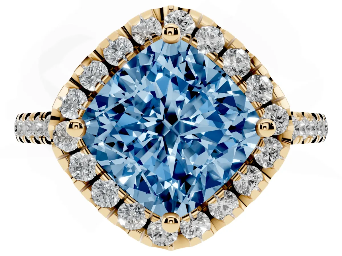Fancy Blue Cushion Cut Diamond Cushion Halo Ring with Pavé Band Yellow gold