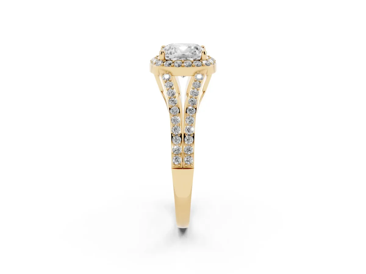 Cushion Cut Halo Split Shank Pave Diamond Ring with Four-Prong Setting Yellow gold