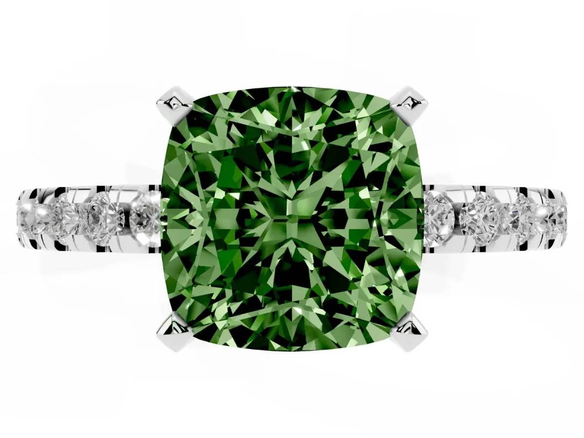 Fancy Green Cushion Cut Diamond Solitaire Ring with Round Pavé Band and Four-Prong Setting Silver