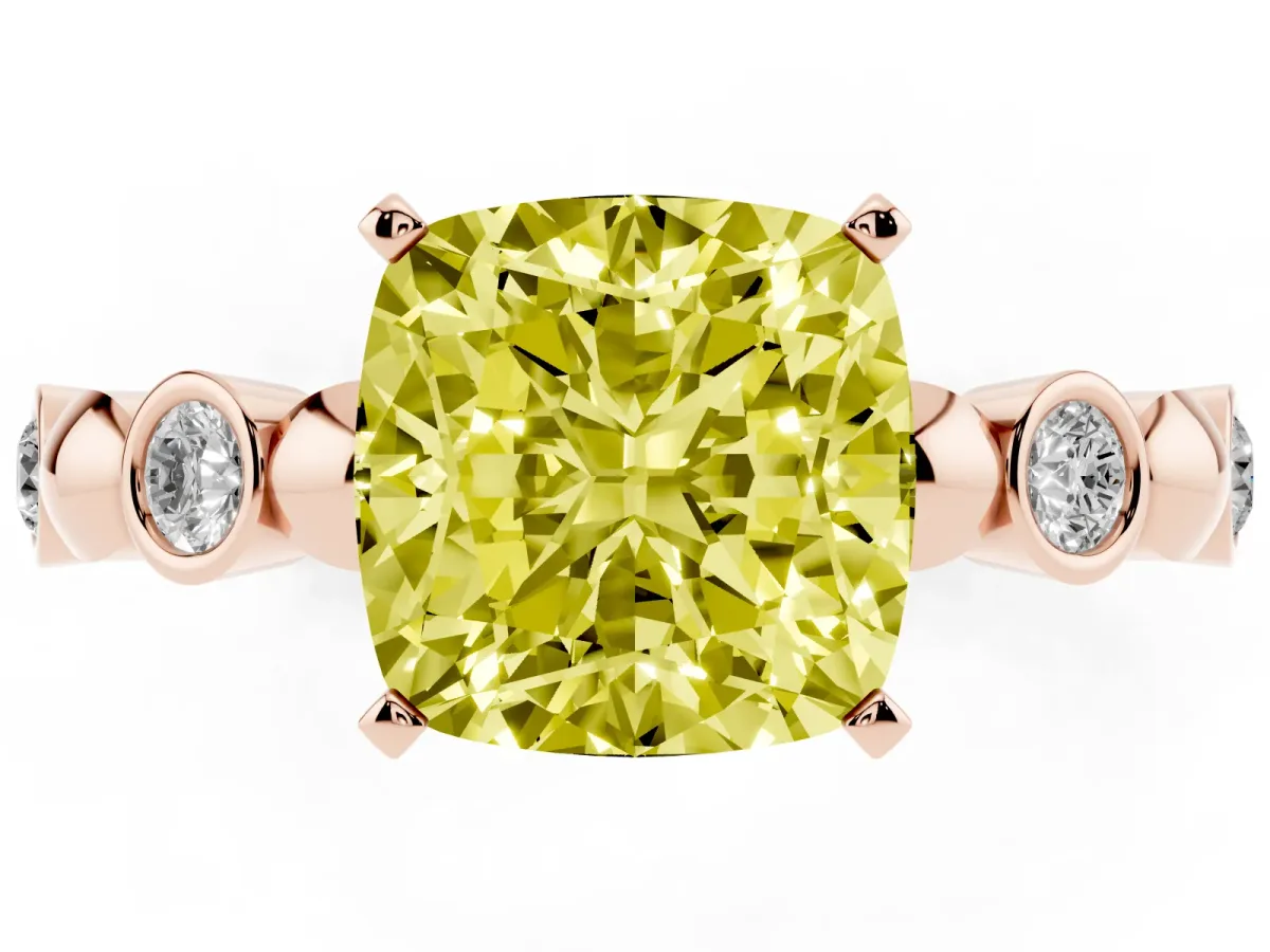 Fancy Yellow Cushion Cut Solitaire Bezel-Set Diamond Ring with Beaded Band and Four-Prong Setting Rose gold
