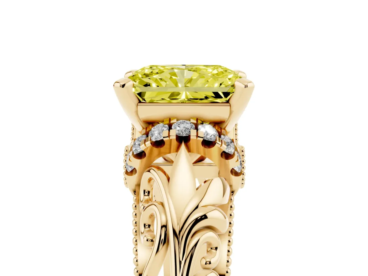 Fancy Yellow Radiant Cut Solitaire Filigree Engagement Ring with Halo and Prong Setting Yellow gold
