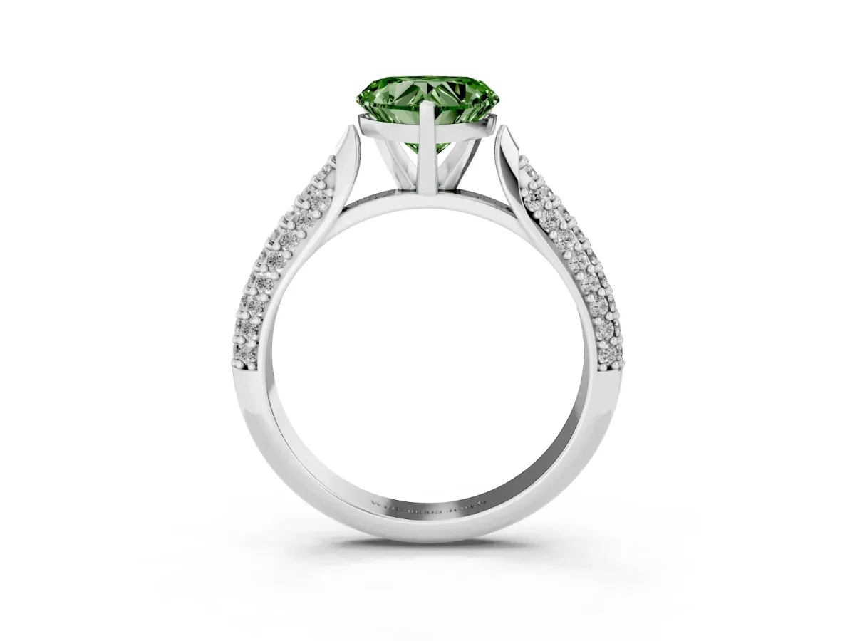 Fancy Green Heart Cut Diamond Solitaire Engagement Ring with Multi-Row Round Pavé Band and Prong Setting Silver