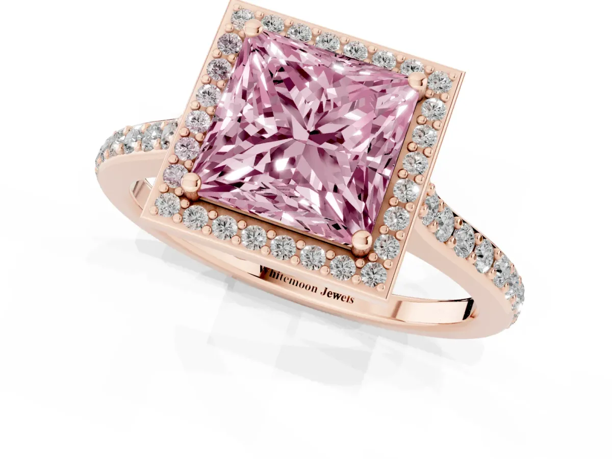 Fancy Pink Princess Cut Diamond Halo Engagement Ring with Round Pavé Shoulders and Prong Setting Rose gold