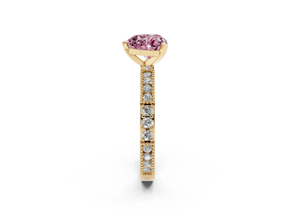 Fancy Pink Heart Cut Solitaire with Pavé Band and Four-Prong Setting Yellow gold