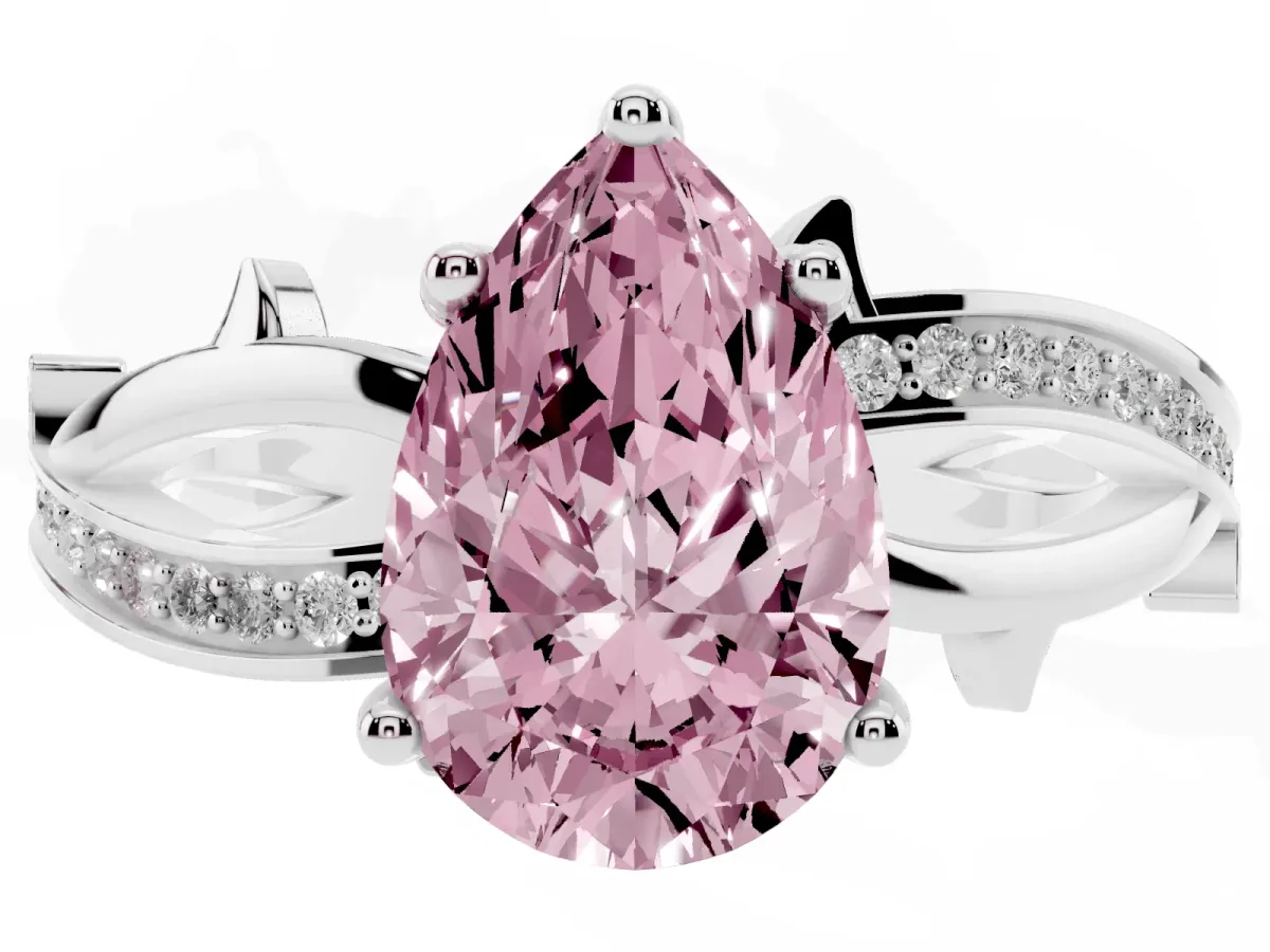 Fancy Pink Pear Cut Solitaire Twist Band with Pavé Accents and Four-Prong Setting Silver