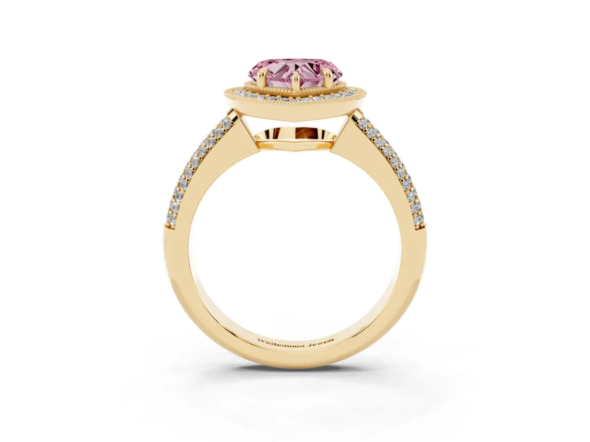 Fancy Pink Heart Cut Cut Halo Diamond Pave Band with Four-Prong Setting Yellow gold