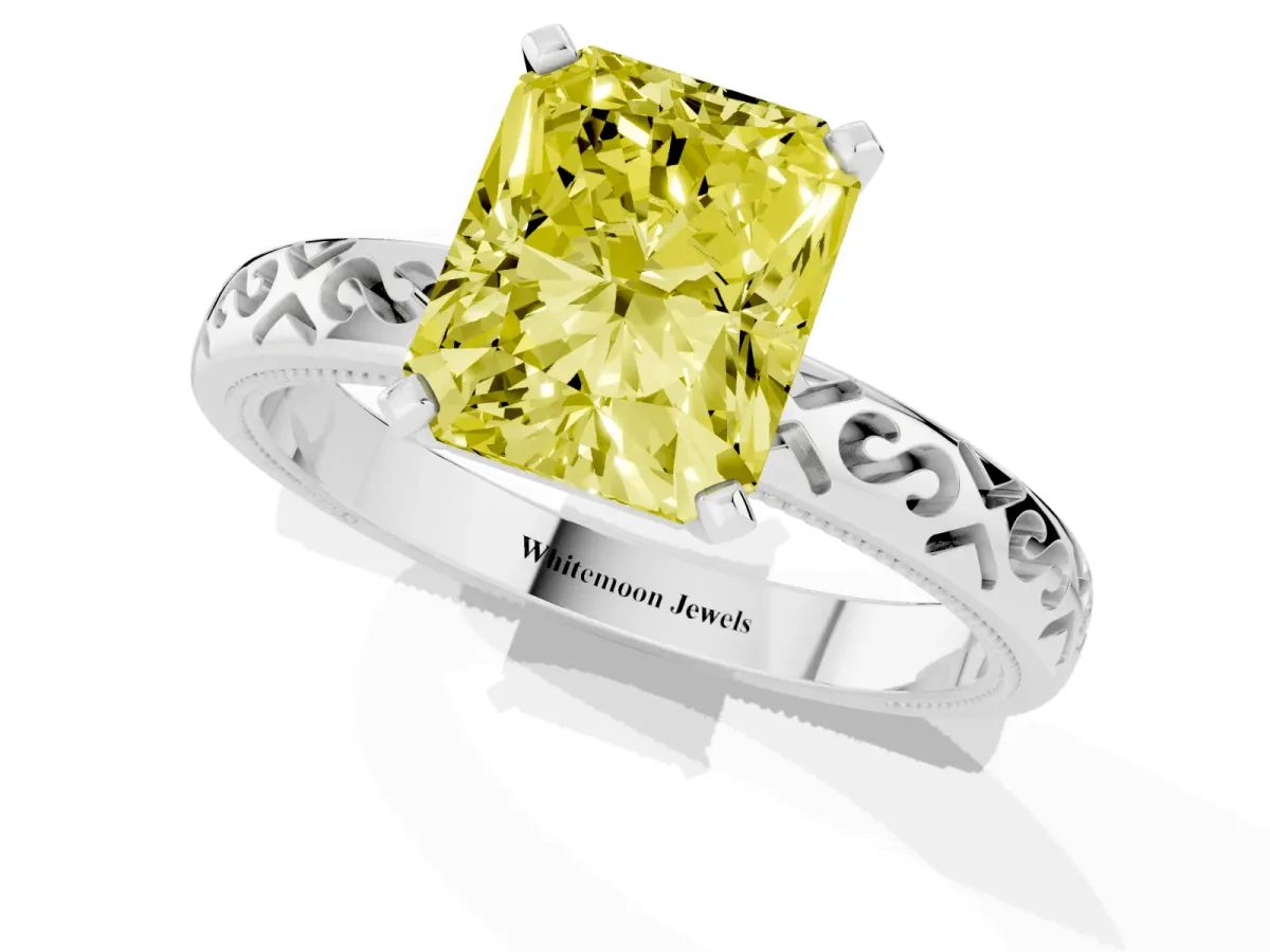 Fancy Yellow Radiant Cut Solitaire Engagement Ring with Scrollwork Band and Four-Prong Setting White gold