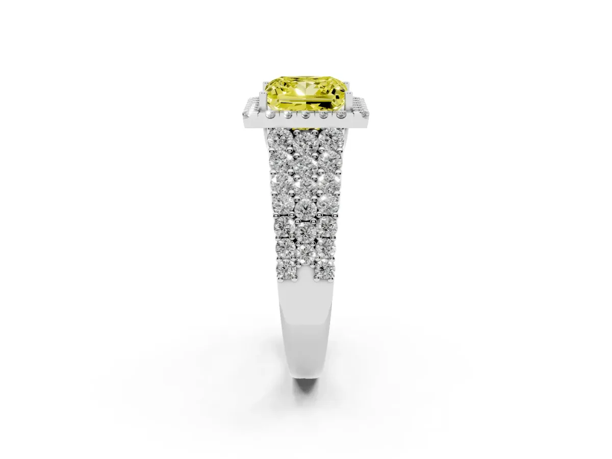 Fancy Yellow Princess Cut Diamond Halo Engagement Ring with Triple Row Round Pavé Band and Prong Setting Platinum