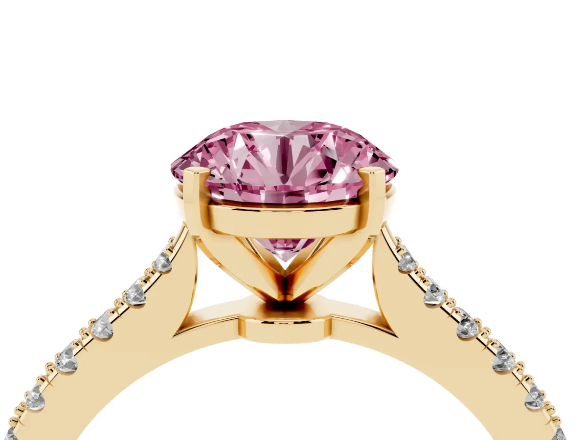 Fancy Pink Round Cut Cut Solitaire Diamond Engagement Ring with Pave Band and Four-Prong Setting Yellow gold