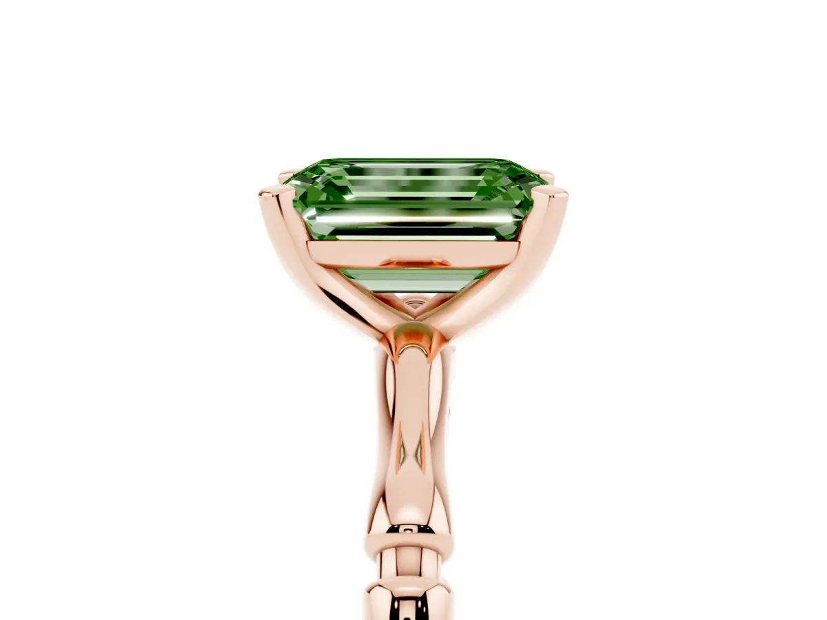 Fancy Green Emerald Cut Solitaire Diamond Ring with Bamboo Band and Four-Prong Setting Rose gold