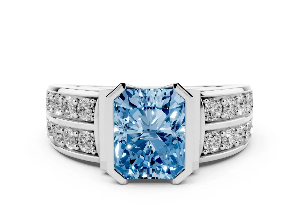 Fancy Blue Radiant Cut Brilliant Diamond Channel Set Wide Band Ring with Bezel Setting Platinum
