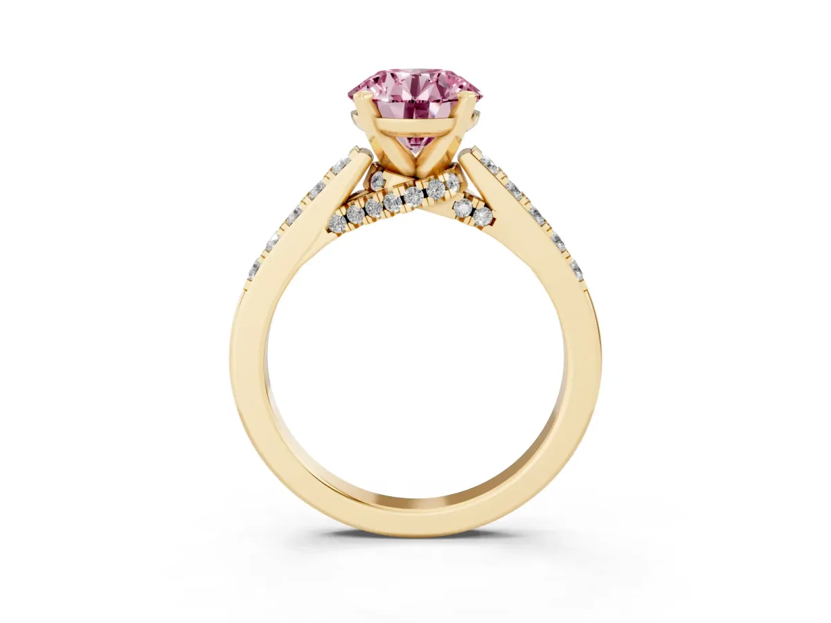 Fancy Pink Round Cut Diamond Solitaire Ring with Crossover Gallery and Round Pavé Band Yellow gold