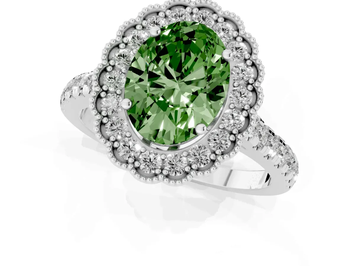 Fancy Green Oval Cut Cut Diamond Milgrain Floral Halo Engagement Ring with Pavé Band Silver