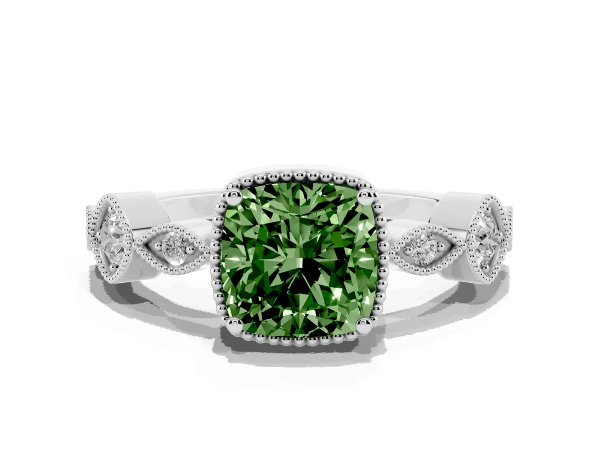 Fancy Green Cushion Cut Diamond Vintage Milgrain Ring with Round Stations Silver
